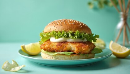 Crispy fish burger sits on blue plate with lettuce, sauce, and lemon slices. Seafood sandwich offers a light lunch. Fresh ingredients make a tasty meal.