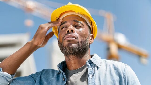 A construction worker wearing a yellow hard hat wipes sweat from his forehead on a hot sunny day.