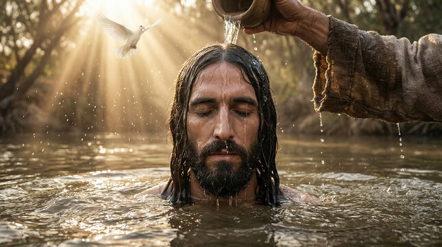  Baptism of Jesus Christ in the River Jordan. Peaceful scene with John the Baptist pouring water, Holy Spirit Dove, and warm divine sunlight