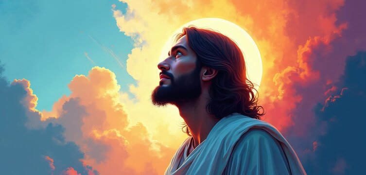 Jesus gazes upwards towards bright sun halo surrounded by dramatic clouds. Divine light illuminates his face. This spiritual artwork conveys faith and hope, perfect for religious themes.