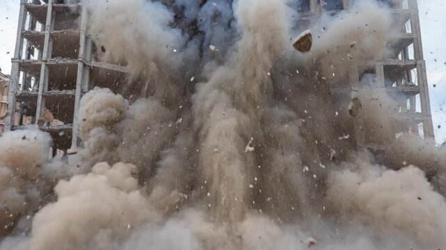 A powerful explosion demolishes a multi-story building, sending debris and smoke billowing outwards. The destructive force is captured in striking detail as the structure collapses.