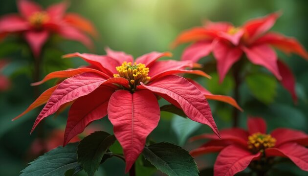 Scarlet poinsettia blossoms, national flower of Trinidad Tobago, bloom in rich green foliage. Bright red petals surround yellow center, creating striking natural beauty.