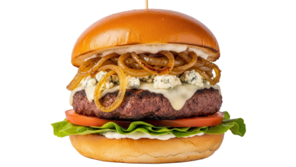 Gourmet beef burger with caramelized onions and blue cheese for restaurant menu isolated on white background