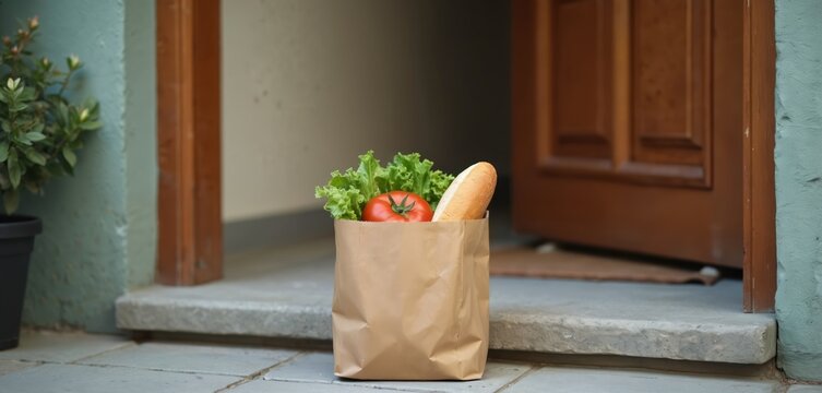 Brown paper bag with fresh groceries including lettuce tomato and bread waits on a doorstep. Food is delivered to a house entrance. Convenient service.