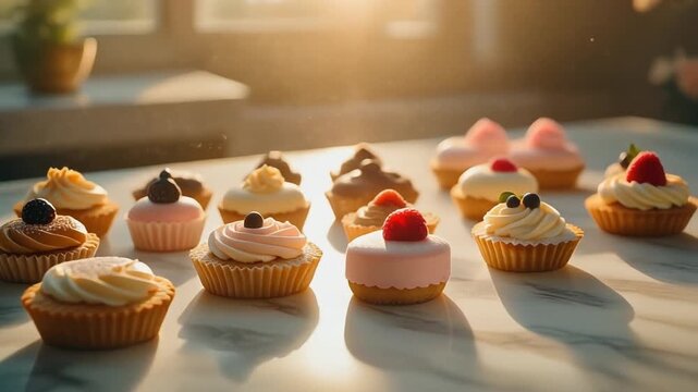 A collection of beautifully decorated mini cupcakes and tarts with various toppings arranged on a sunlit marble counter.