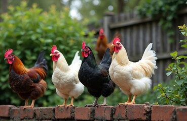 Group of chickens and roosters standing on brick wall in rural garden. Diverse birds with colorful feathers and red combs look forward. Organic farm animals in natural setting on sunny day.