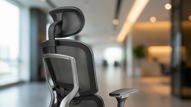 Solopreneur home office features modern ergonomic chair with mesh backrest and adjustable headrest for comfort in stylish workspace environment