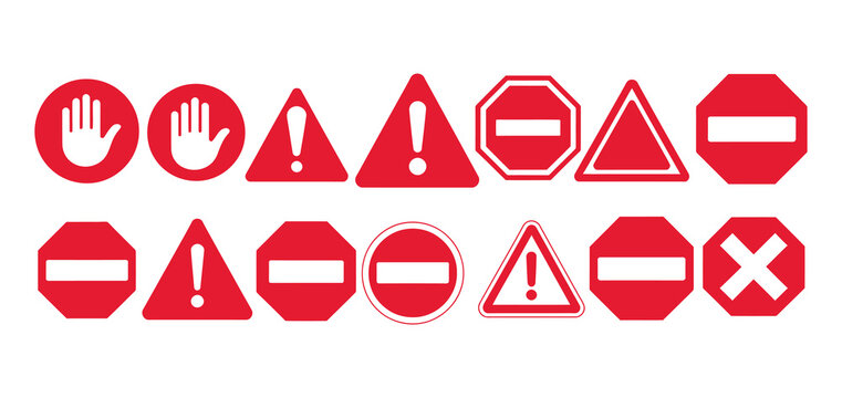 Collection of red caution and prohibition icons featuring multiple shapes and symbols, suitable for safety manuals, warning graphics, regulatory signs, industrial