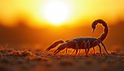Scorpion walks on dry ground during bright sunset. Arachnid appears dangerous and venomous. Wild creature shows tail raised. Animal moves in desert habitat.