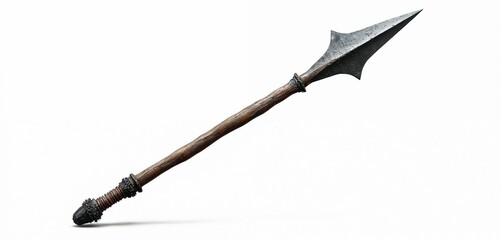 Close up of ancient viking spear with metal head and wooden shaft isolated on white background. Weapon is aged and weathered, showing texture detail. Ready for battle or display.