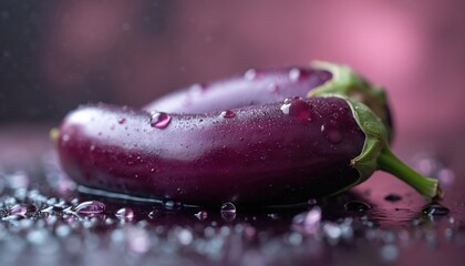Deep purple eggplant glistens with water droplets on a dark wet surface. Soft pink bokeh background illuminates the fresh produce for culinary uses.