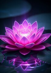 Illuminated lotus flower with radiant glow and reflecting surface