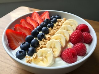 Invigorating breakfast bowl with seasonal fruits, granola and creamy yogurt