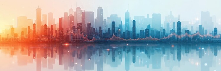 City skyline with financial graph. Business cycle shown with warm and cool colors reflecting market growth and decline. Economic trends visualized over water.