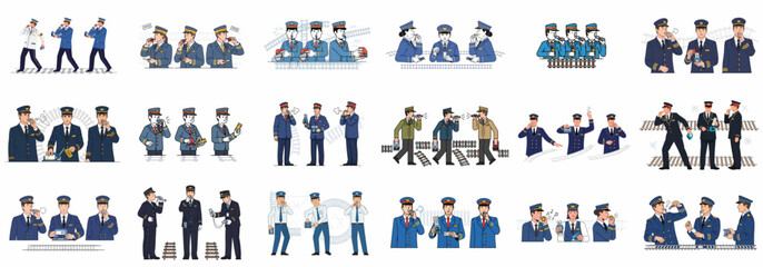 Flat vector illustration set of train conductors and railway staff in uniform performing duties, including whistling, checking tickets, and signaling on the tracks. © Nurdayatt