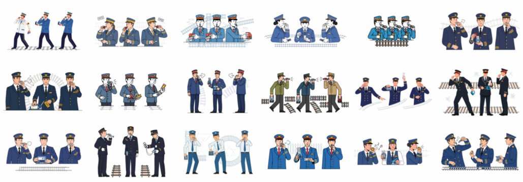 Flat vector illustration set of train conductors and railway staff in uniform performing duties, including whistling, checking tickets, and signaling on the tracks.