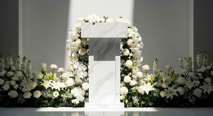 Marble Podium Adorned with White Flowers for Elegant Presentations
