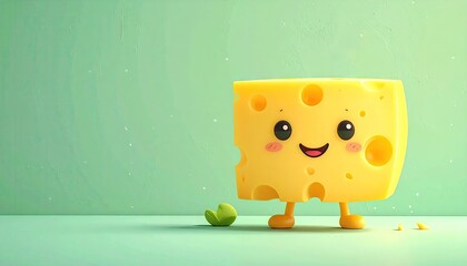 Cute Kawaii Cheese Character with Smiling Face and Pink Cheeks Stands on a Light Green Background with a Tiny Green Leaf