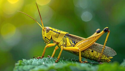 Detailed Close Up Of A Yellow Grasshopper With Black Spots Resting On A Green Leaf With Soft Bokeh Background During Daylight