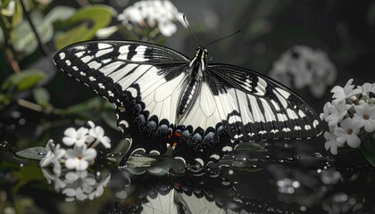 Detailed Close Up Of A Large Black And White Butterfly With Orange Markings Resting On A White Flower Branch In Soft Natural Lighting