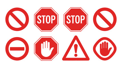 Collection of red stop, warning, and prohibition sign symbols, designed for workplace safety, traffic signage, hazard warnings