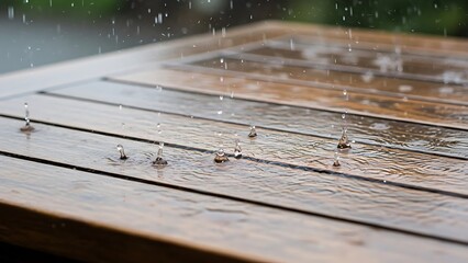 Raindrops descend on wooden surface creating a textured tableau