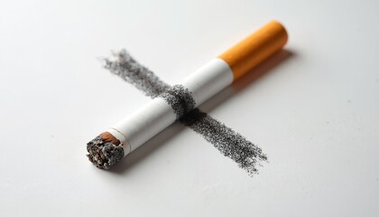 Cigarette crossed out with ash dust. Symbolizes stopping smoking and choosing a healthy life. Encourages quitting tobacco for better well being and clean air.