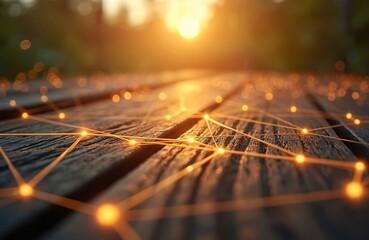 Abstract gold network structure glows on old wood surface. Sun flares in background blur. Represents digital links, business strategy, global data flow and modern tech concepts.