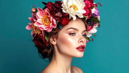 Elegant Young Woman Adorned with a Vibrant Floral Crown Featuring Pink Red White Peonies and Roses Against a Solid Teal Blue Background with Subtle Glitter Accents