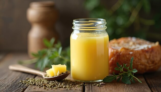 Glass jar holds golden beef tallow near herbs on wooden table. Spoon shows fat pieces next to seeds. Rustic food preparation scene. Healthy cooking fat. Natural ingredients.