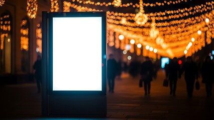Pedestrian Night Walk with Illuminated Blank Billboard and Festive Lights in Urban Street View