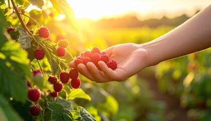 Farmer Hand Picking Ripe Red Raspberries From A Bush In A Field At Golden Hour Sunset With Sun Flare