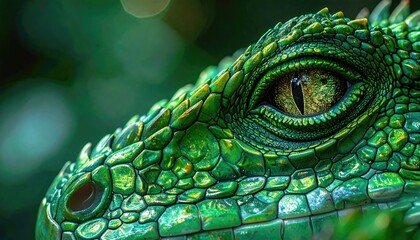 Extreme Close Up Of A Green Iguana Reptile Eye In Lush Tropical Rainforest With Soft Green Bokeh Background In Daylight