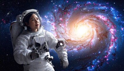 Female astronaut in white spacesuit exploring a vibrant spiral galaxy with bright stars and nebulae in deep space with dramatic lighting
