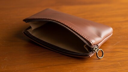 Sleek brown leather pouch displaying quality craftsmanship on wood surface