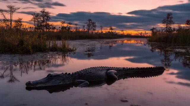 Crocodile lurks in calm swamp at sunset; fiery sky mirrors on still water, silhouettes glow vividly!