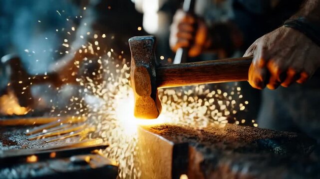 Generative AI. Skilled blacksmith using a hammer to shape glowing metal in a workshop, surrounded by tools and sparks, showcasing traditional craftsmanship and dedication to the art