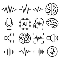 Fototapeta premium Digital Audio and Brain Wave Icons: An artistic array of vector icons representing sound waves, brain activity, and technological concepts, ideal for modern tech communication and creative concepts.
