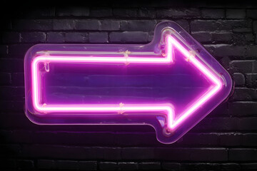 Glowing purple neon arrow sign pointing right against black background, ideal for nightlife, business direction, or digital interface design.