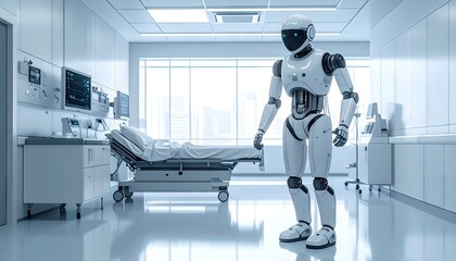 Futuristic Robot Standing Beside Hospital Bed in Brightly Lit Medical Room with Technology Displays