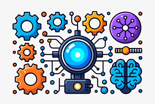 Artificial Intelligence Concept with Gears, Brain, and Central Unit
