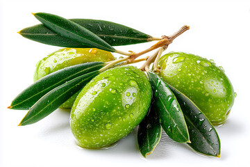 Branch of green olives with leaves, on white background.
