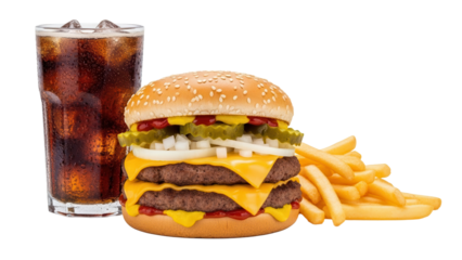 Double cheeseburger meal with extra pickles and a tall glass of cola isolated on white background