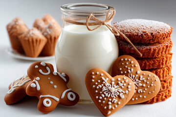 A glass jar of fresh milk tied with a twine bow, surrounded by festive gingerbread man and heart-shaped cookies with white icing.