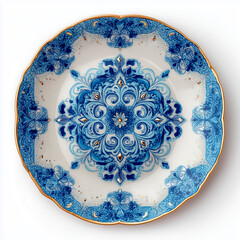 Top view of an elegant white ceramic plate with an intricate, symmetrical blue floral pattern and a gold-trimmed scalloped edge.