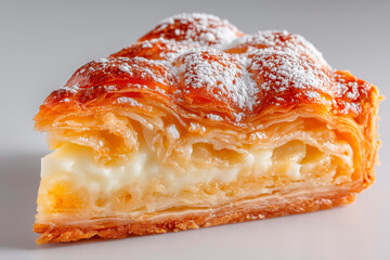 A golden-brown, flaky slice of puff pastry filled with a thick layer of creamy white cottage cheese and dusted with fine powdered sugar.