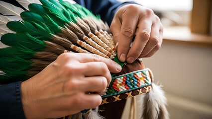 Hands crafting a headdress of native american with feathers detail close-up