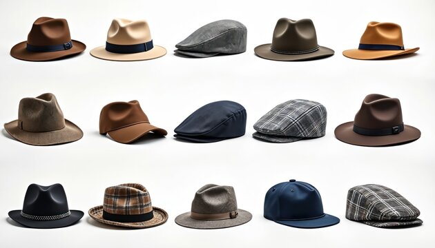 Assorted hats and caps arranged for display. Includes fedoras and flat caps in various colors and materials. Collection of headwear isolated on white.