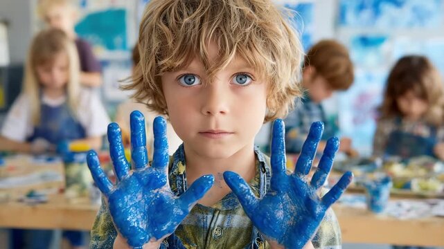Generative AI. Young boy with messy blue paint on hands, looking directly at camera, surrounded by children engaged in creative art activities in a bright classroom environment