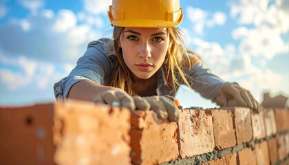 Focused Woman Construction Worker Wearing Yellow Hard Hat and Gloves Laying Bricks on Building Site with Bright Sunlight and Cloudy Sky
